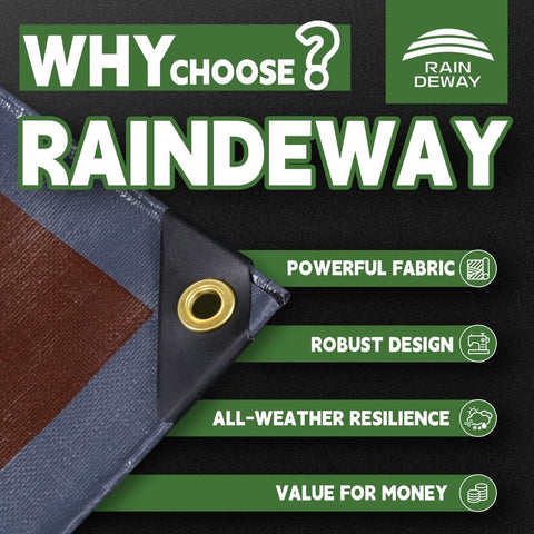 RAINDEWAY tarp with metal grommets and reinforced edges for secure fastenings.