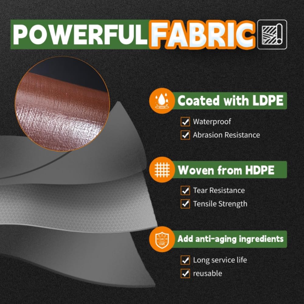 RAINDEWAY UV-resistant weatherproof tarp protecting gear from sun and rain.
