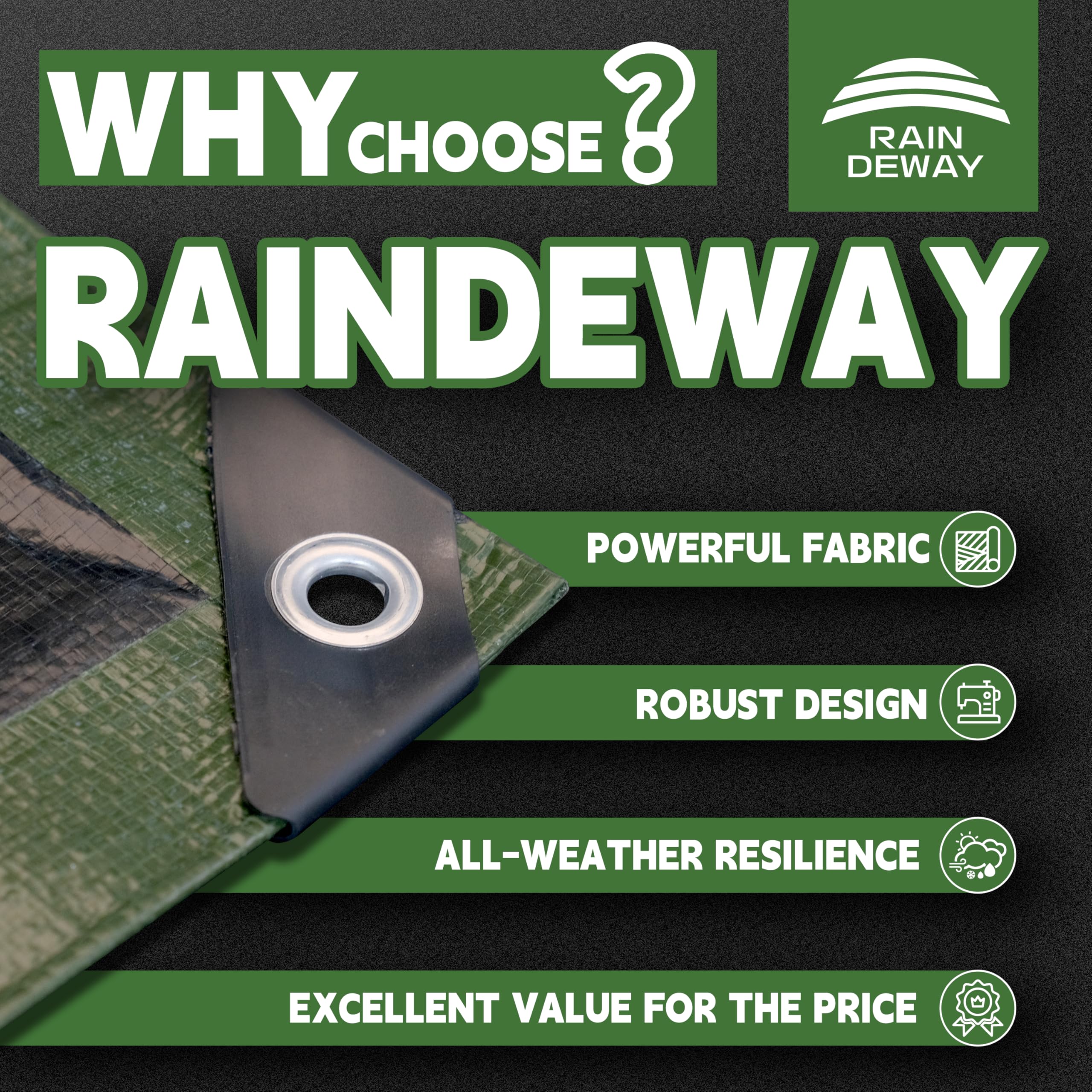 RAINDEWAY tarp UV-resistant to extend outdoor life and protect gear.