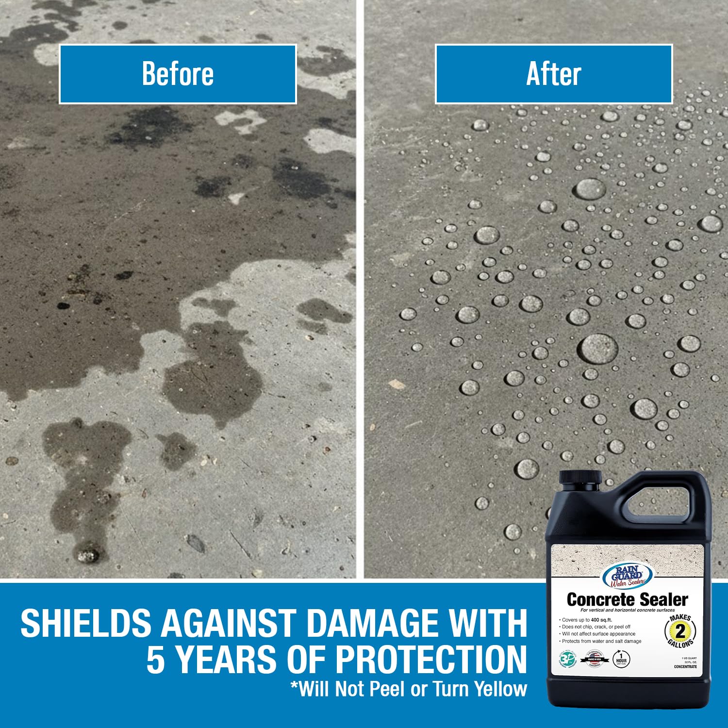 Rain Guard application with handheld sprayer over concrete surface showing deep penetration