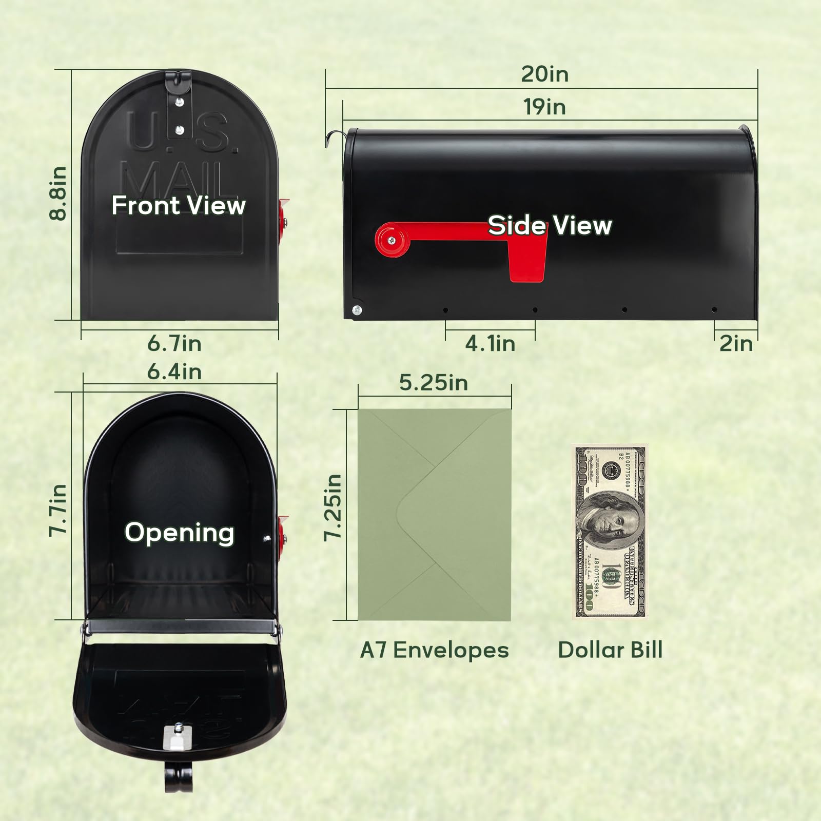 RAINHOL mailbox side view highlighting sturdy galvanized steel and weather resistance