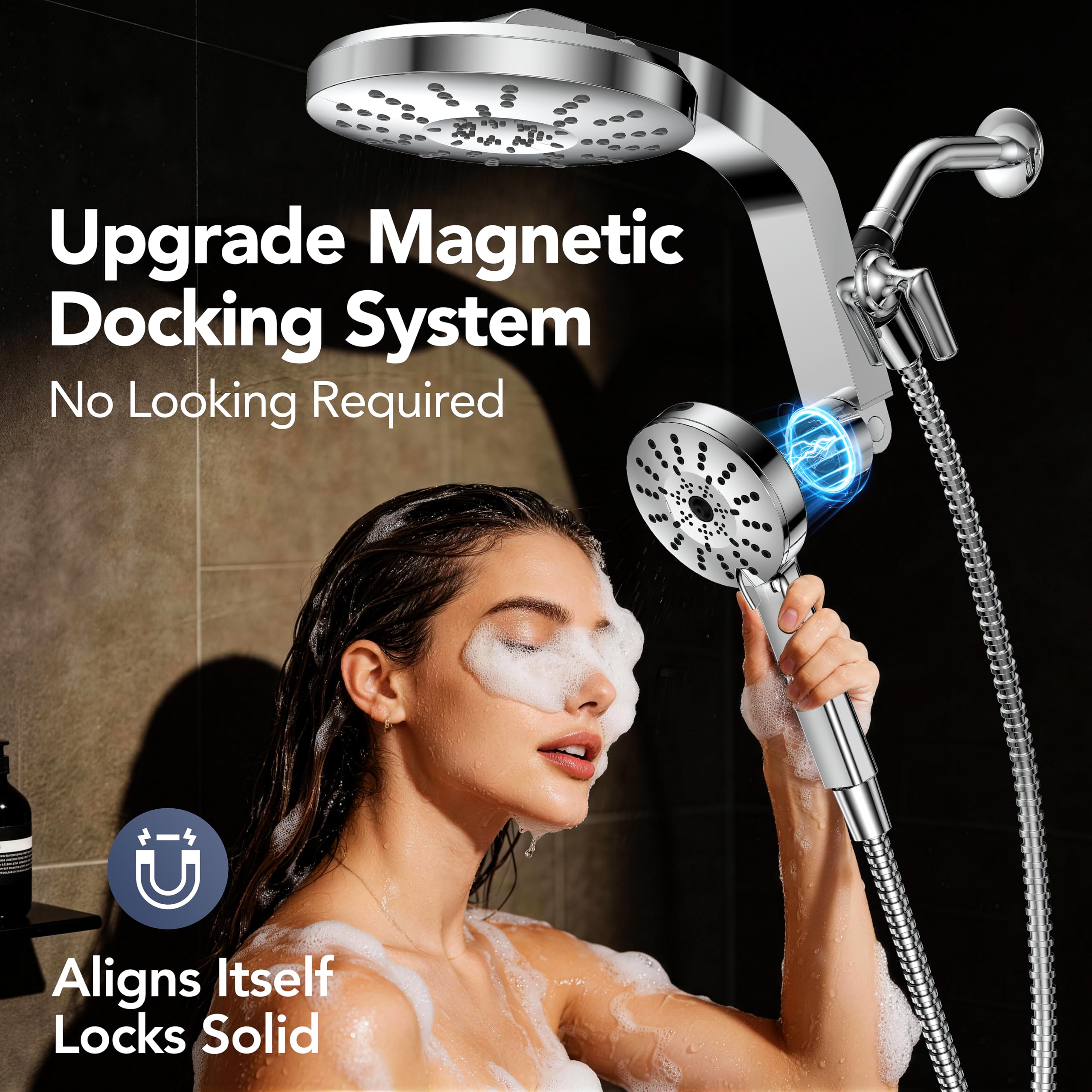 Rainvista dual showerhead rotation shows 180-degree adjustability for flexible angles.