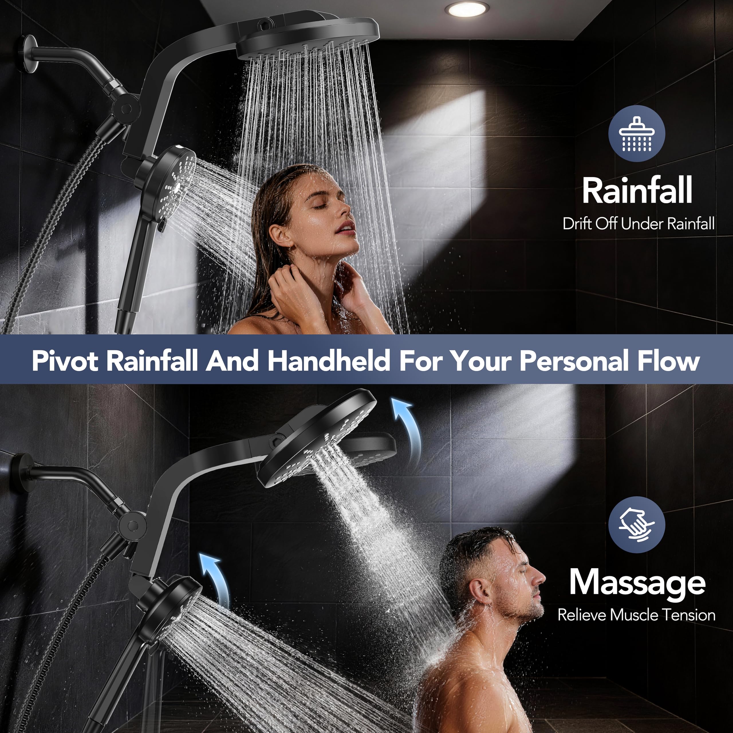 Rainvista magnetic-dock handheld with 180° swivel for easy one-handed operation.