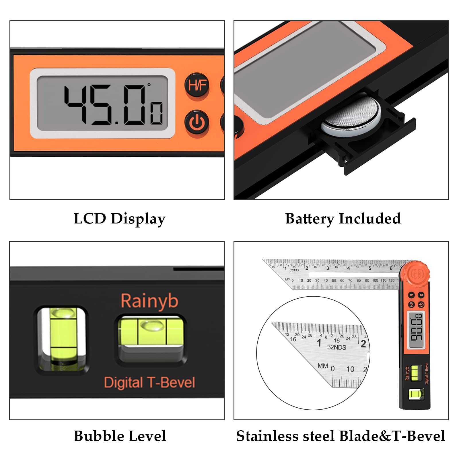 Rainyb LCD readout and bubble level enable quick, accurate measurements