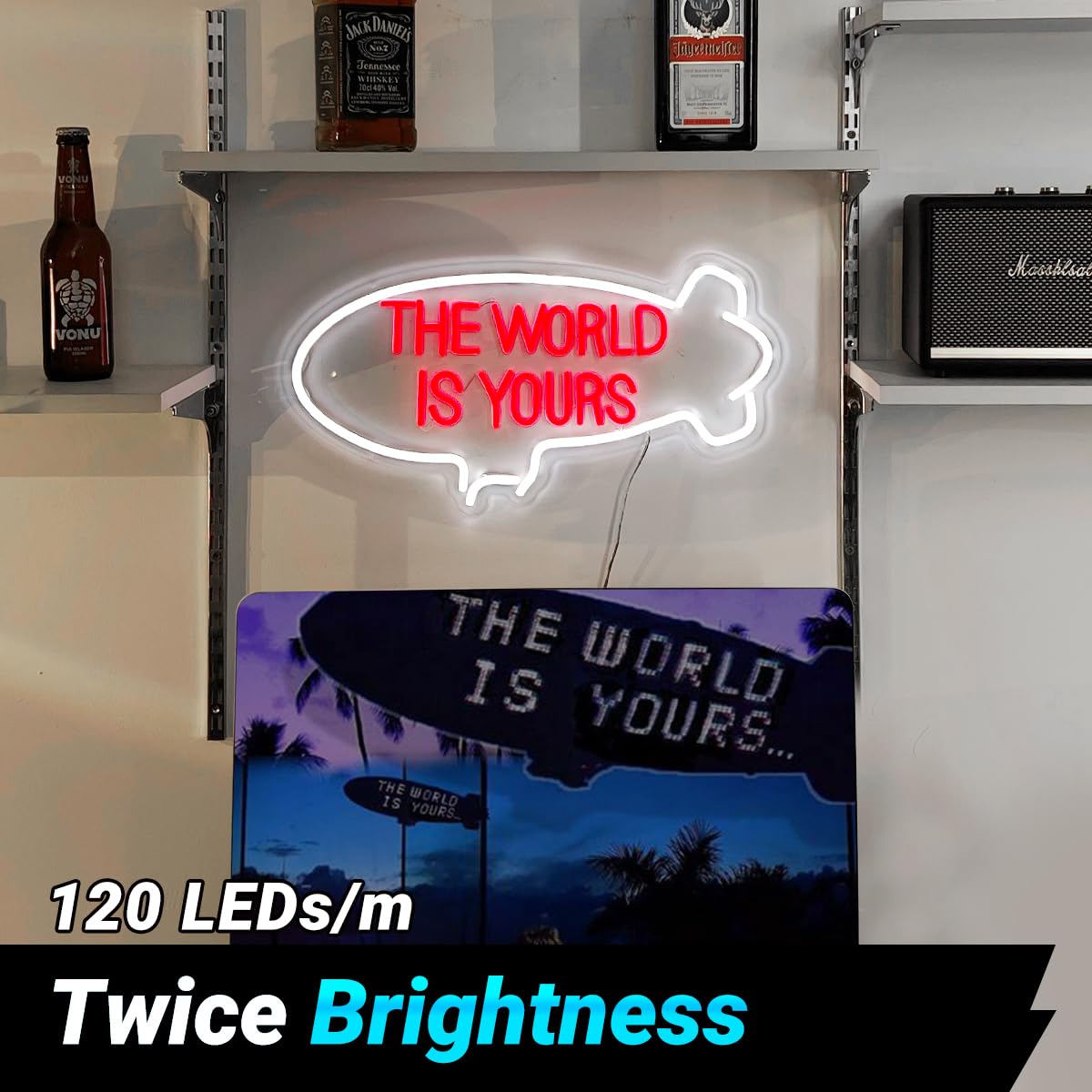Raipile The World Is Yours neon airship lamp plugs in for quick setup.
