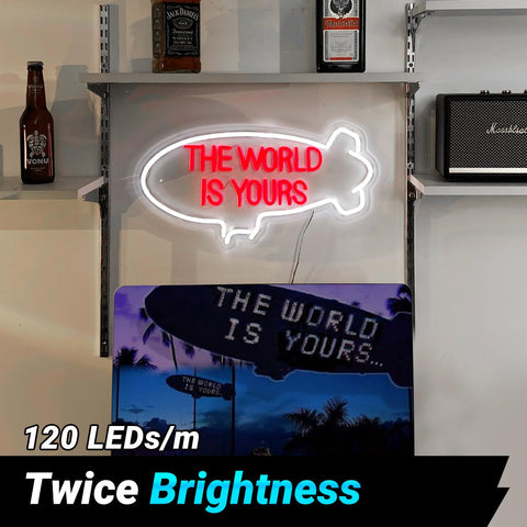 Raipile The World Is Yours neon airship lamp plugs in for quick setup.