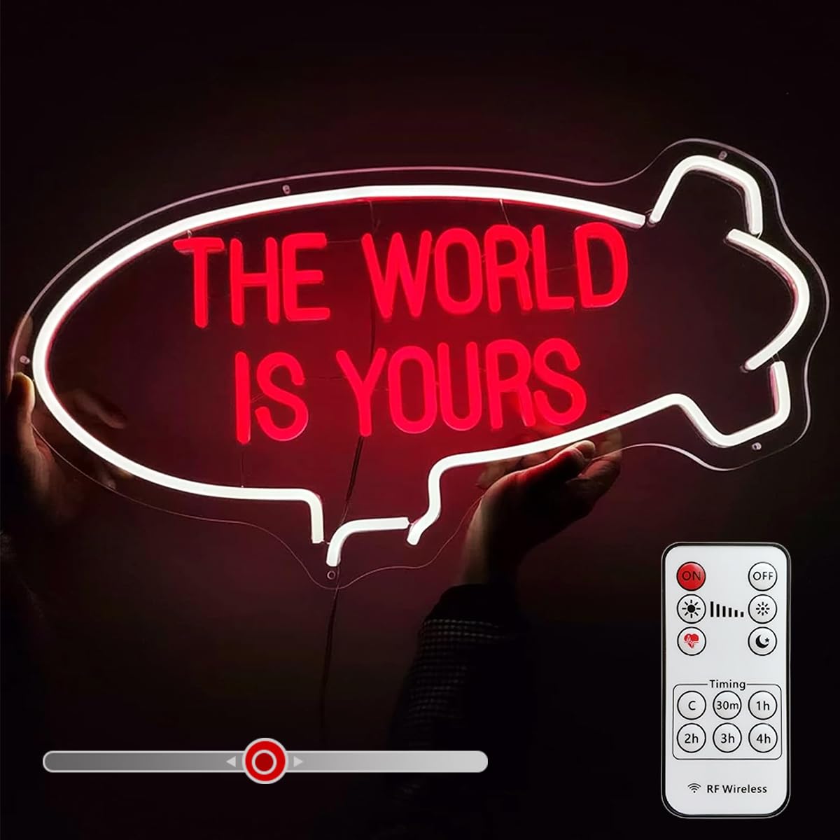 Raipile The World Is Yours neon airship wall light enhances game room ambiance.