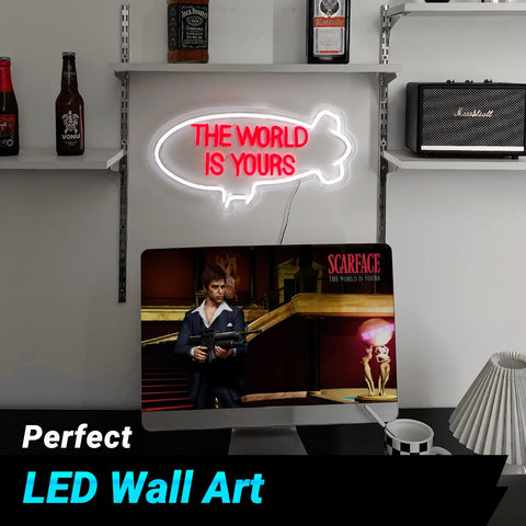 Raipile The World Is Yours neon sign provides dramatic wall decor for man cave.