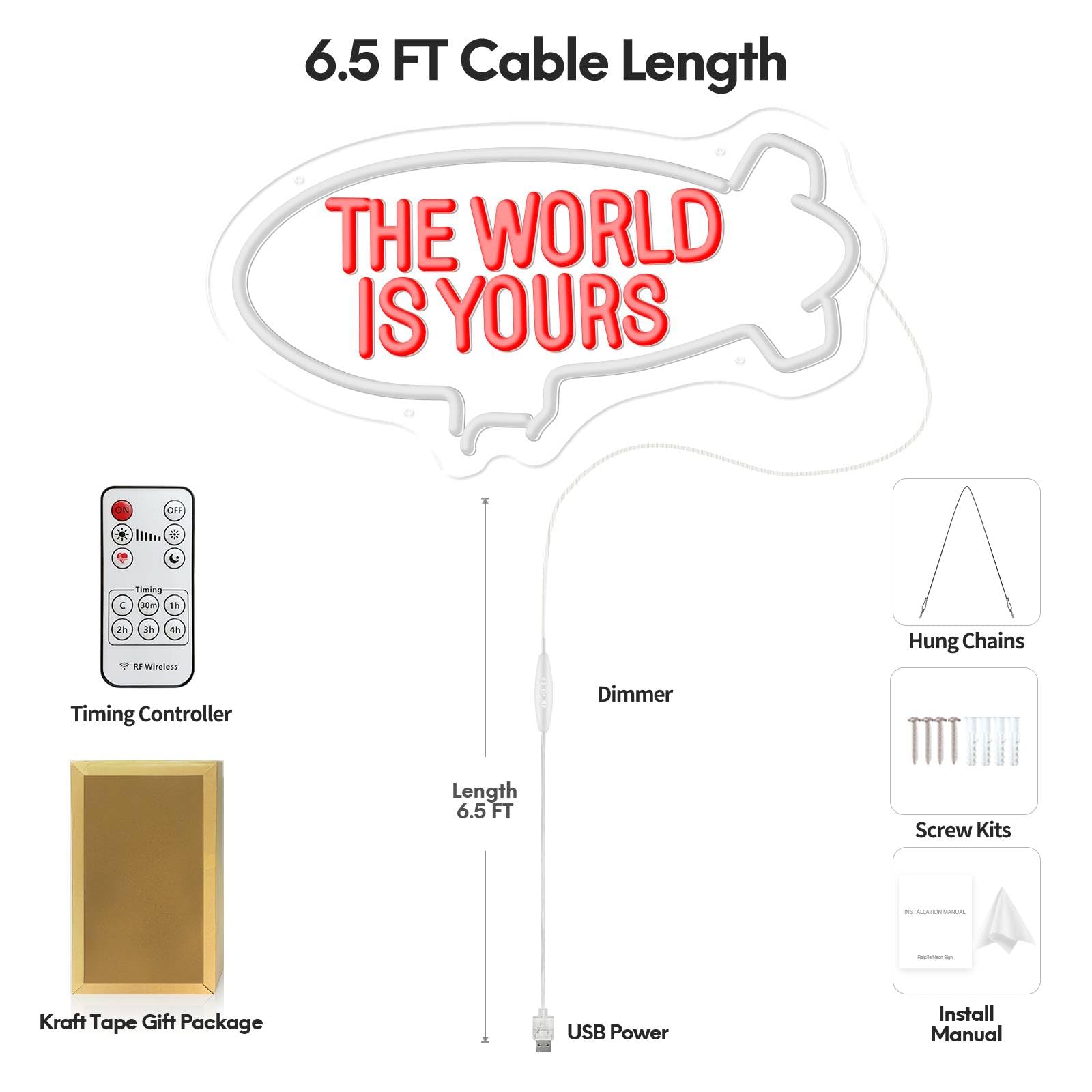 Raipile The World Is Yours neon light adds ambiance to home bars and lounges.