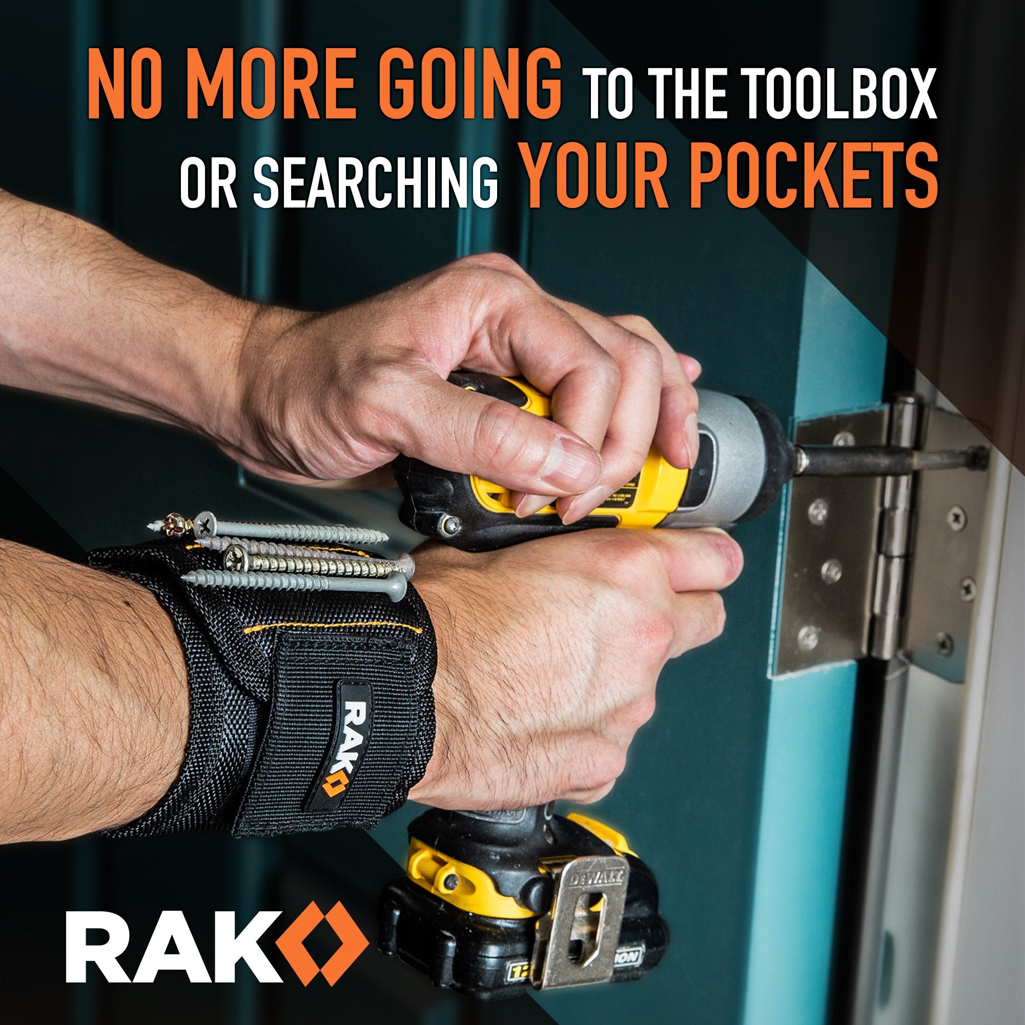 RAK magnetic wristband holds nails within reach for carpentry tasks.