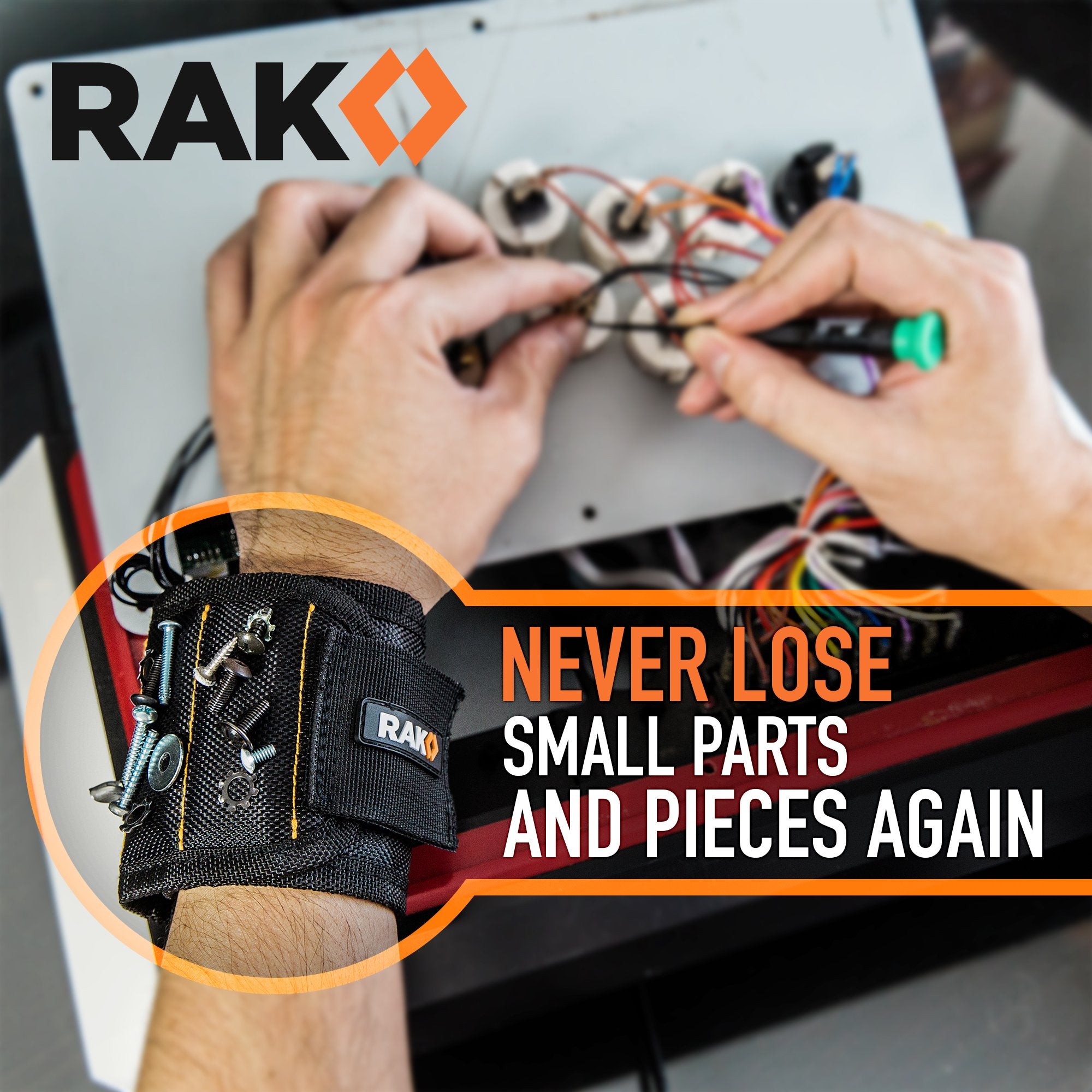 RAK magnetic wristband hung above a workbench keeps hardware within reach.