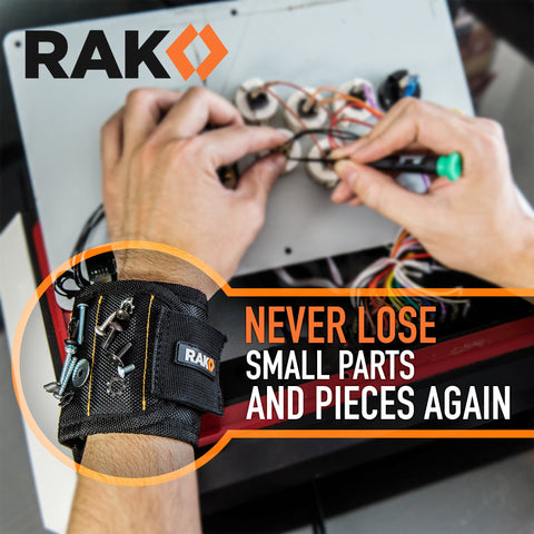 RAK magnetic wristband hung above a workbench keeps hardware within reach.