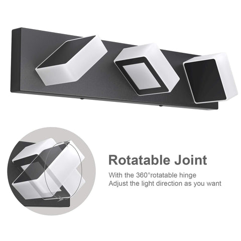 Ralbay LED modern black vanity lights, acrylic shades close up, soft uniform glow.