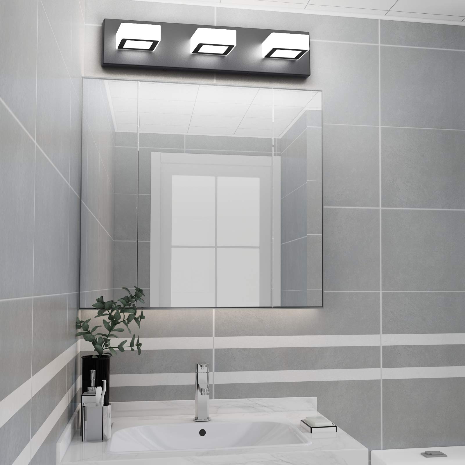 Ralbay LED modern black vanity lights in humid bathroom, moisture-proof frame.