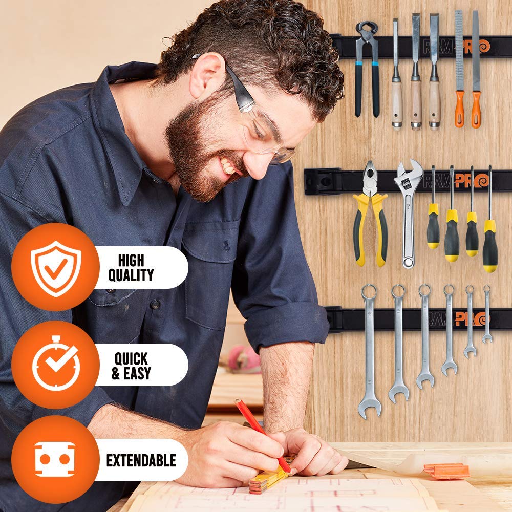 RamPro garage tool organization strip mounted on wall for tidy, accessible workspace.