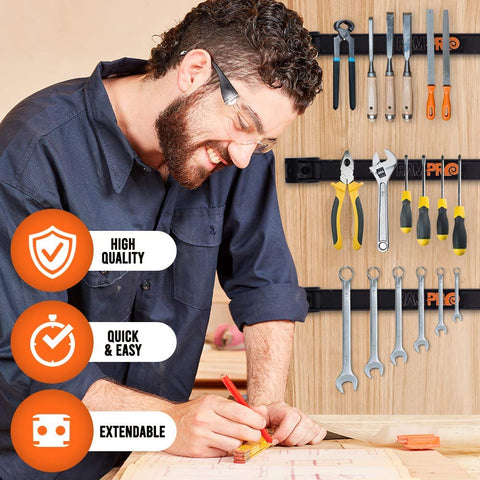 RamPro garage tool organization strip mounted on wall for tidy, accessible workspace.