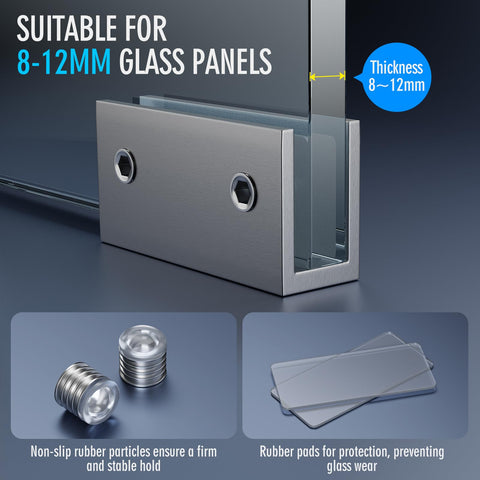 Ranbo brushed silver finish glass bracket blends with frameless shelves.