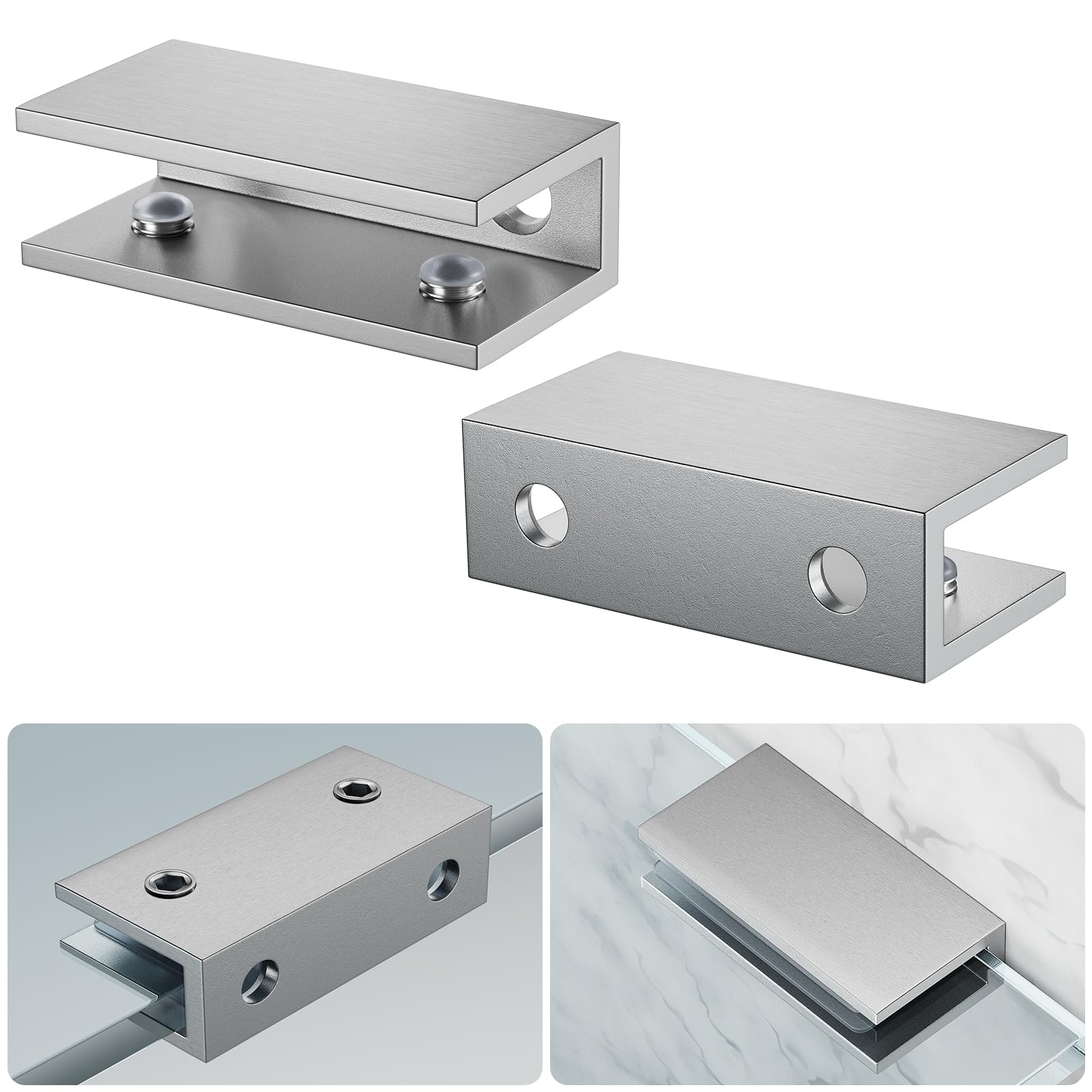 Ranbo frameless glass clamp bracket for shelves with no-drill installation and anti-slip protection.