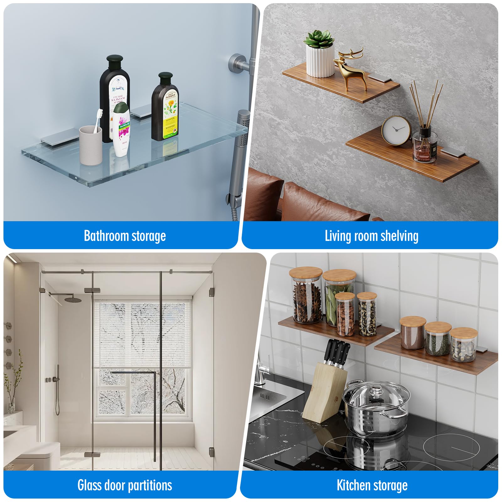 Ranbo frameless glass clamp designed for shower partitions and shelves.