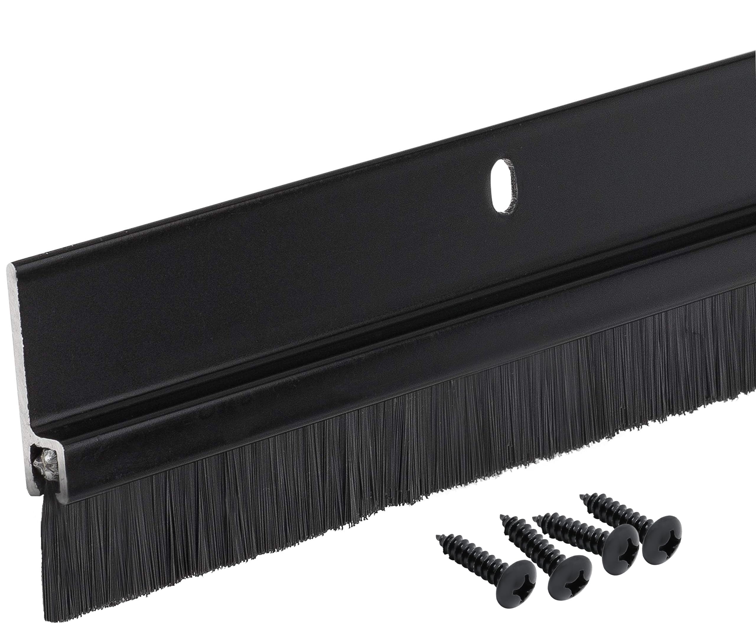 Randall Manufacturing Co. door sweep with aluminum body and black brush sealing gaps up to 1 inch.