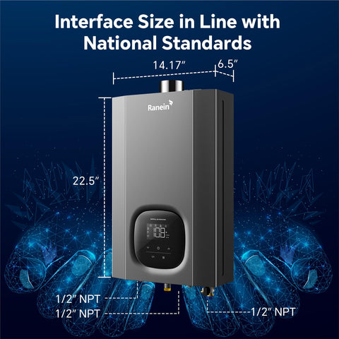 Ranein 100,000 BTU rating badge highlights powerful on-demand heating.