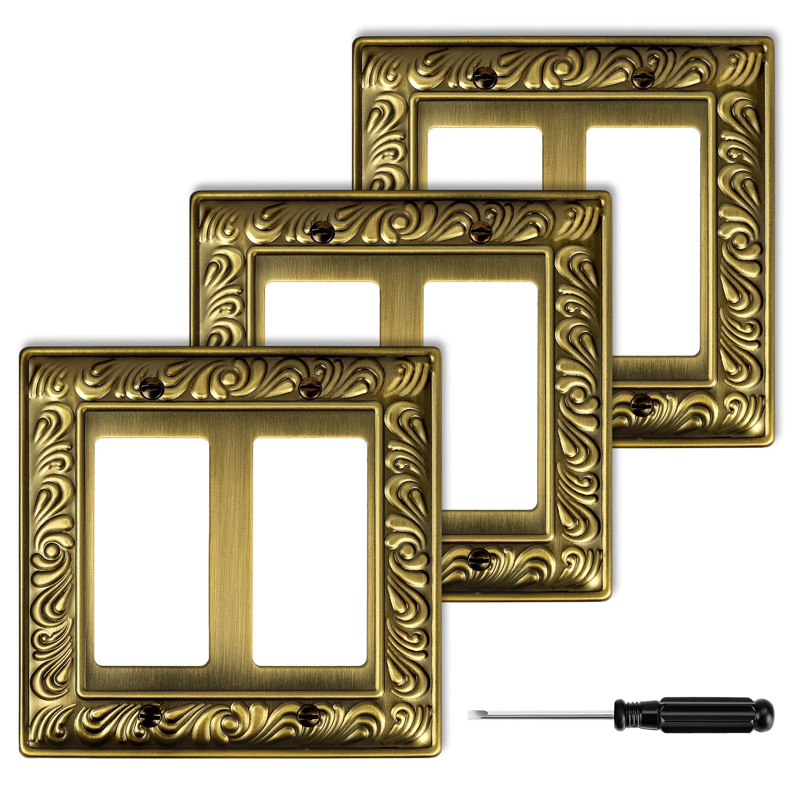 Ranweydi antique brass 2G wall plate front view highlights durable metal and paisley pattern.