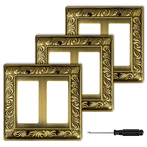 Ranweydi antique brass 2G wall plate front view highlights durable metal and paisley pattern.