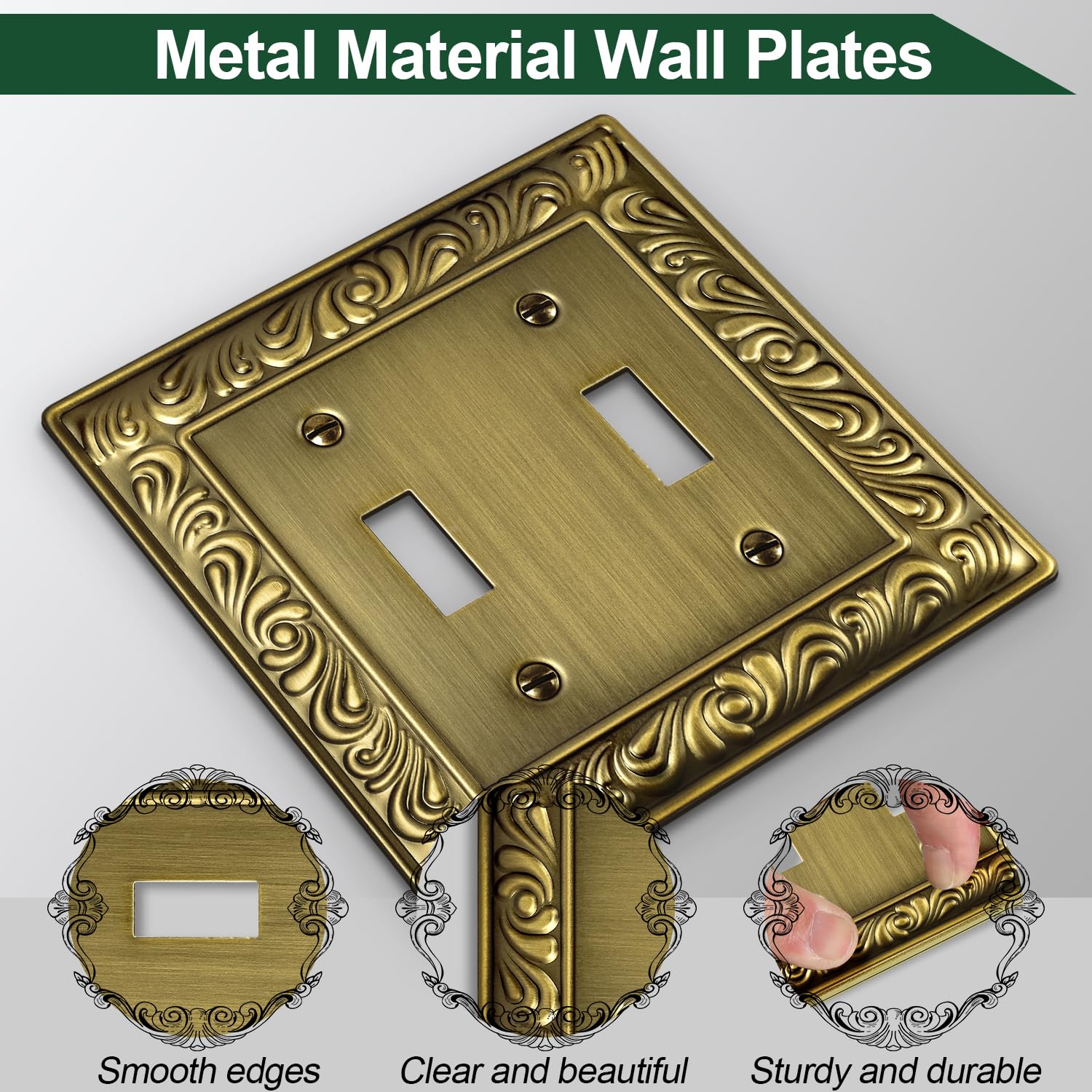 Ranweydi antique brass wall plate 2-gang pack demonstrates durable metal construction.