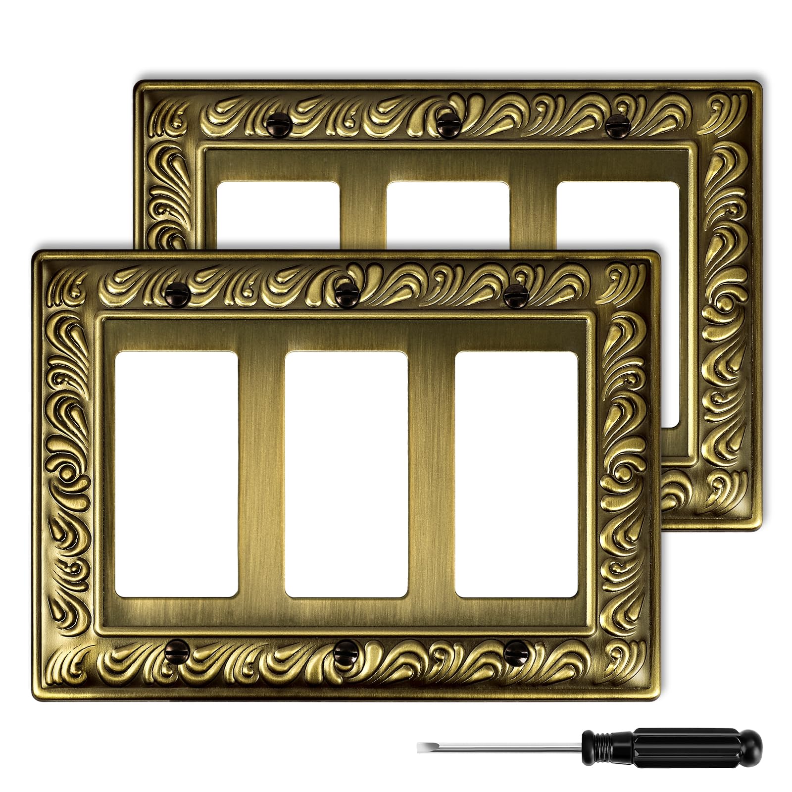 Ranweydi antique brass 3-gang wall plate with paisley pattern for stylish rooms