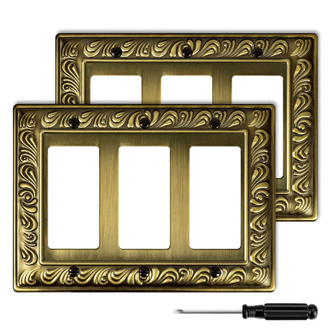 Ranweydi antique brass 3-gang wall plate with paisley pattern for stylish rooms