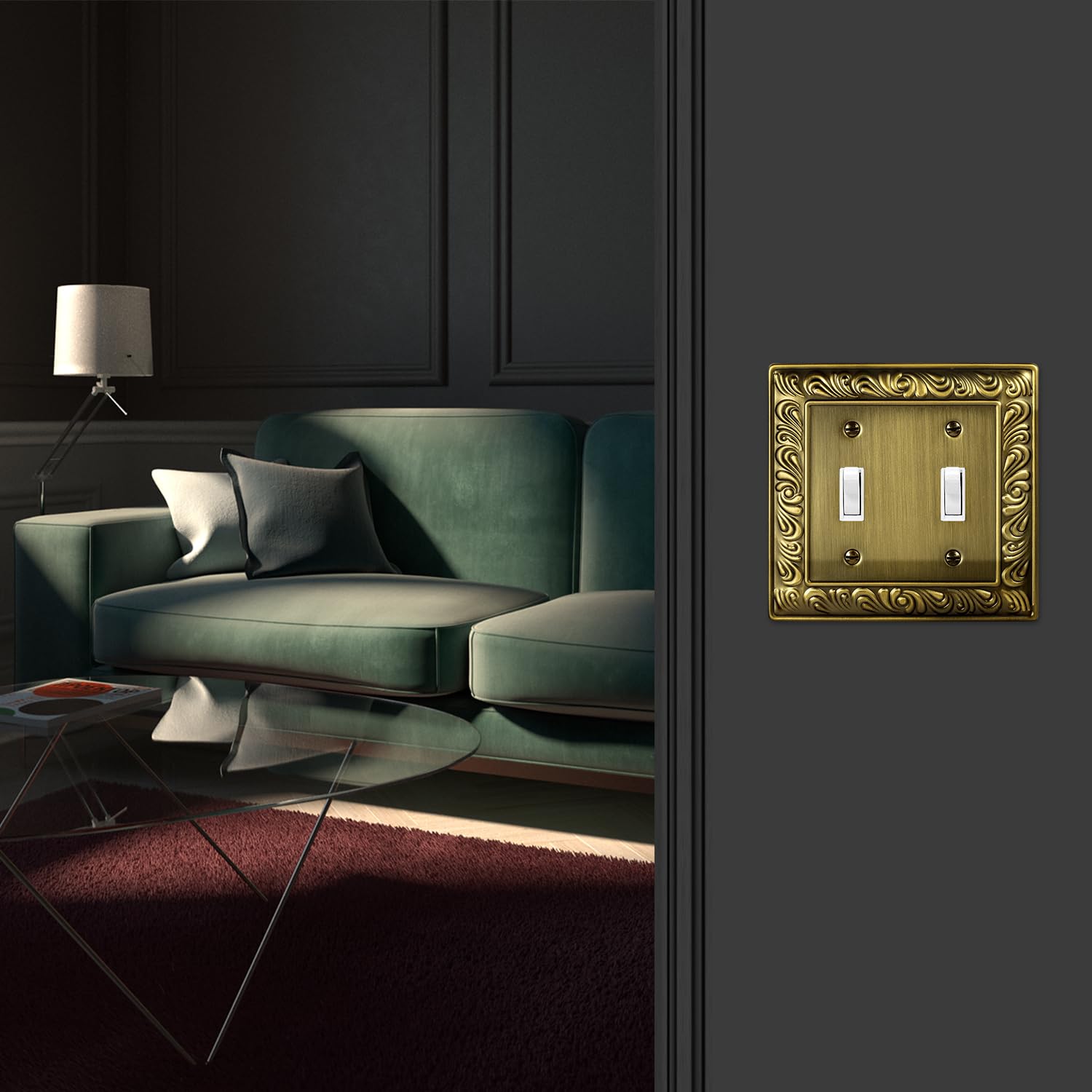 Ranweydi antique brass wall plate fits dimmers and outlets for versatility.