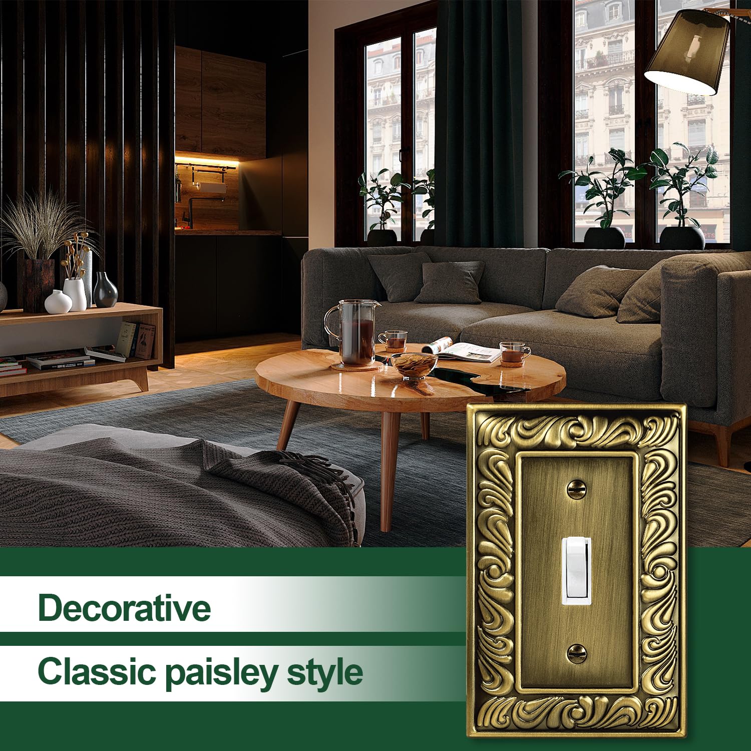 Ranweydi antique brass paisley design complements various switches and outlets.