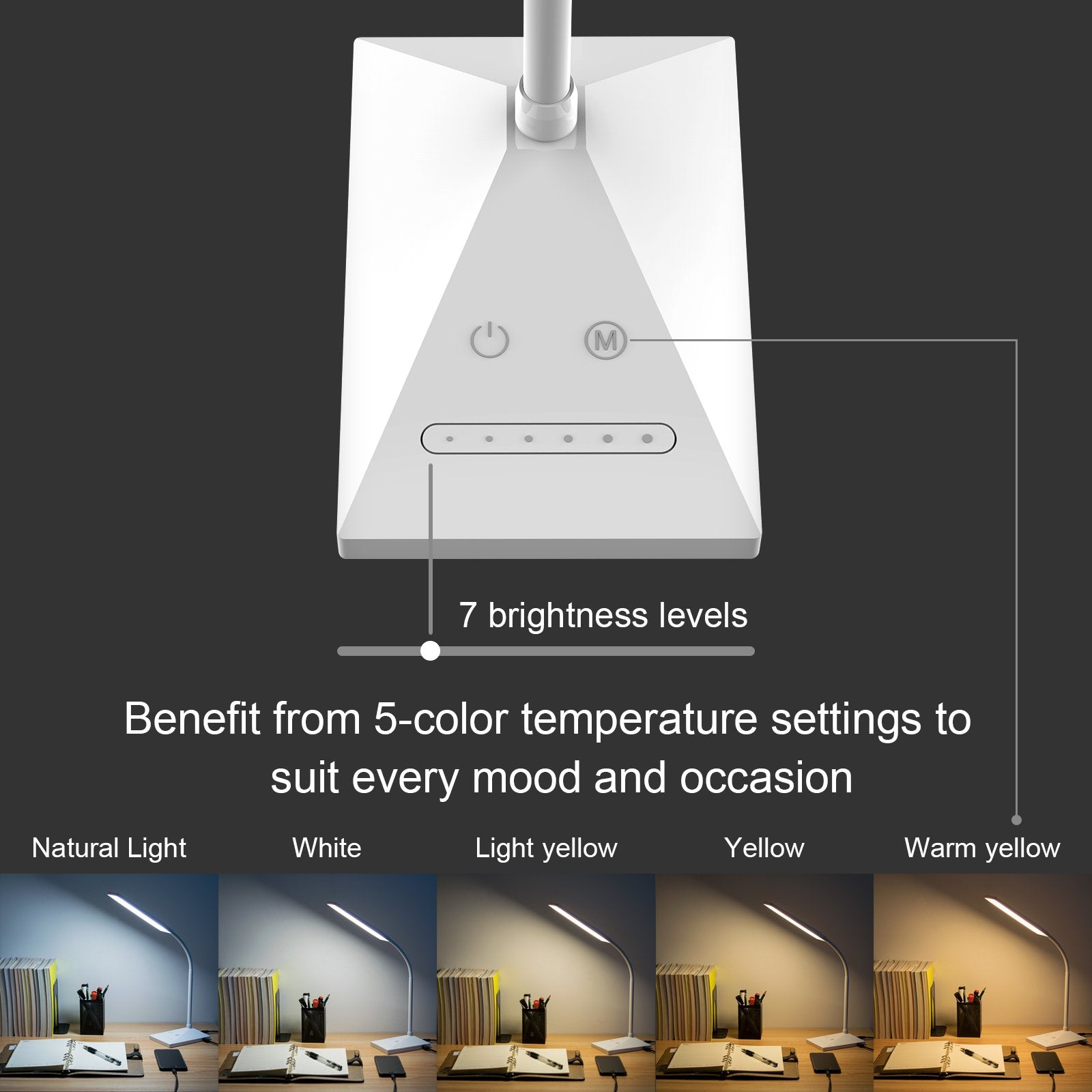 RAOYI desk lamp with five color modes for work or relaxation.