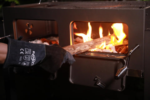 RAPICCA gloves used for campfire handling hot logs safely