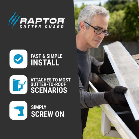 Raptor Gutter Guard installed on a worktable illustrates DIY-friendly setup with screws.