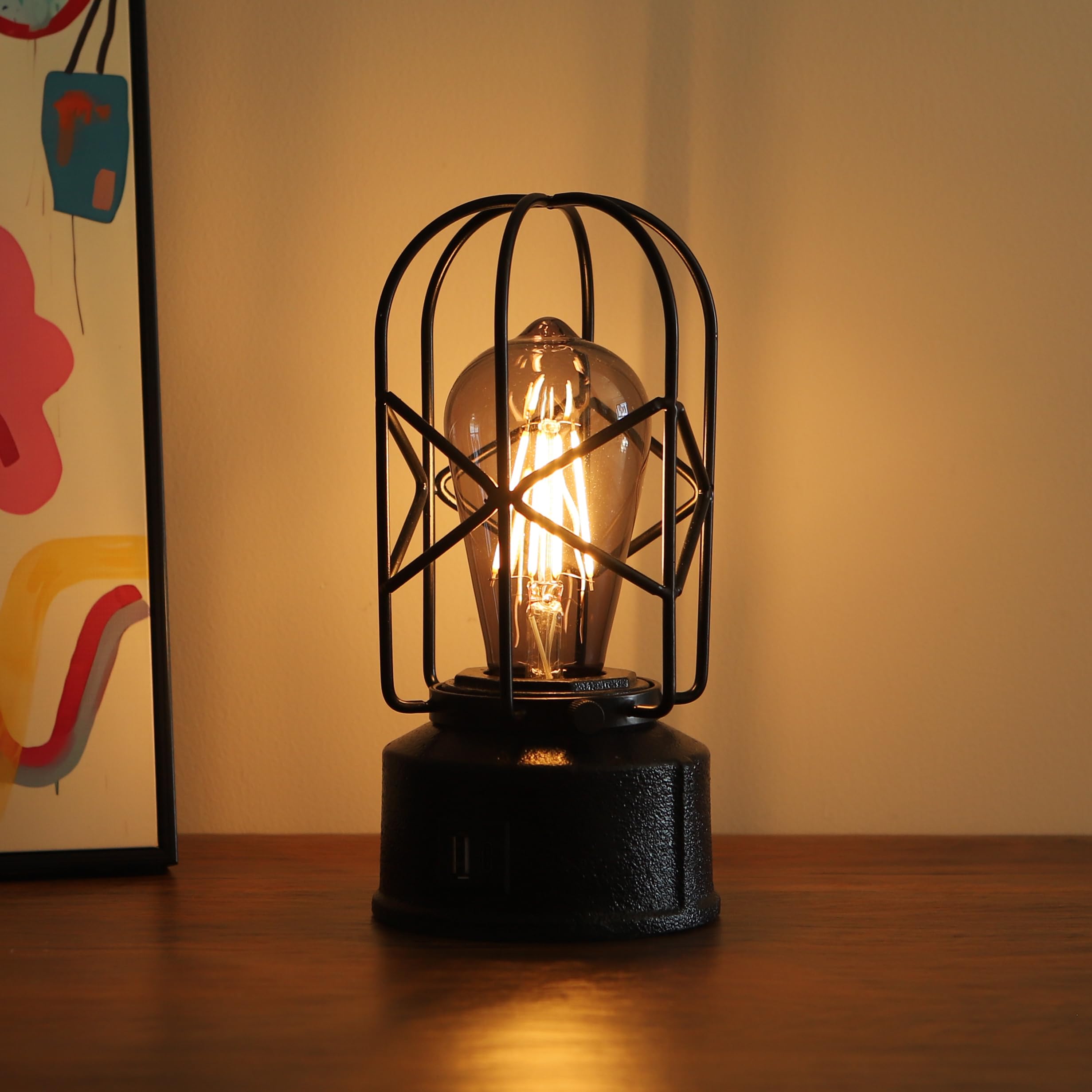 Rarlonly industrial touch lamp main view with USB-C and USB-A ports for bedside charging