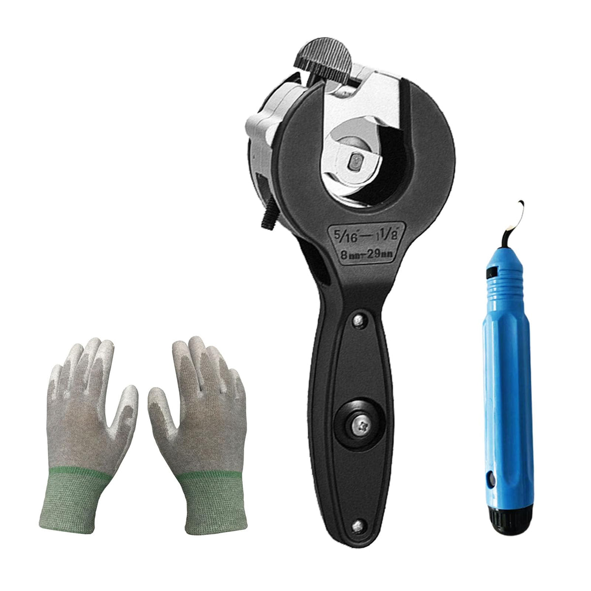 Ratchet Pipe Cutter shows range from 5/16 to 1-1/8 inches for fast, precise cuts.