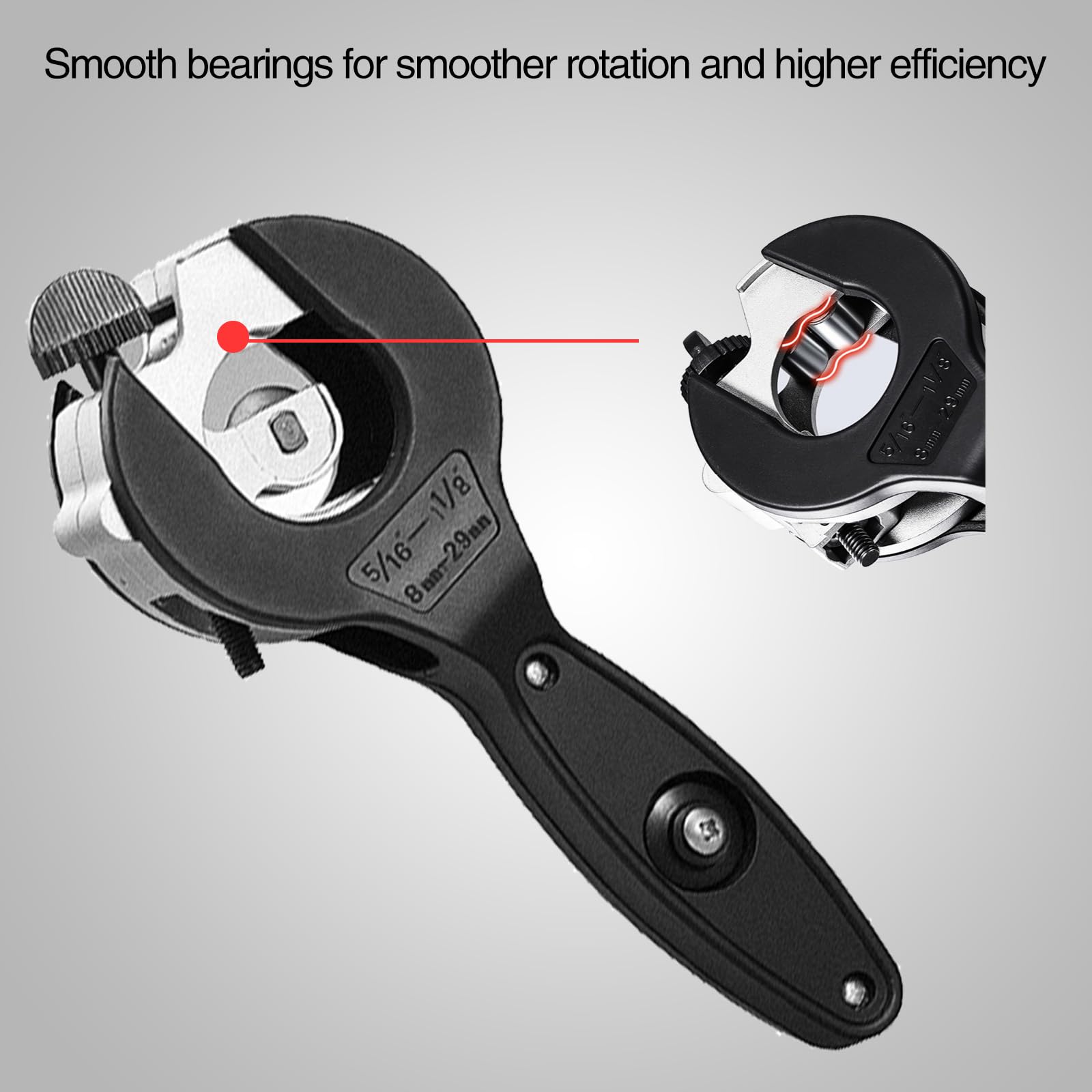 Ratchet Pipe Cutter micro-calibration knob allows quick size adjustments for accuracy.