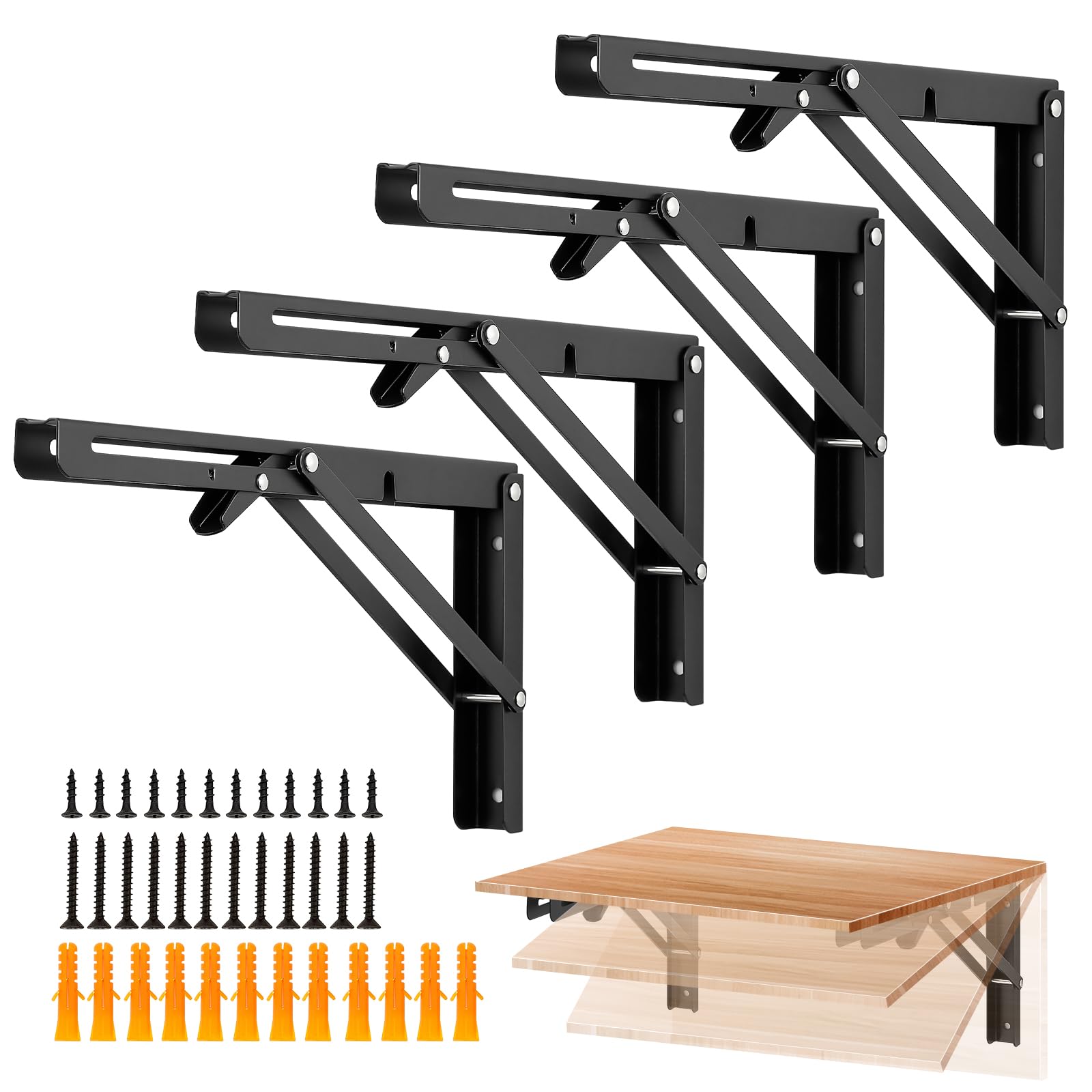 Ravinte 12in folding bracket close-up, durable matte black finish supports sturdy shelves.