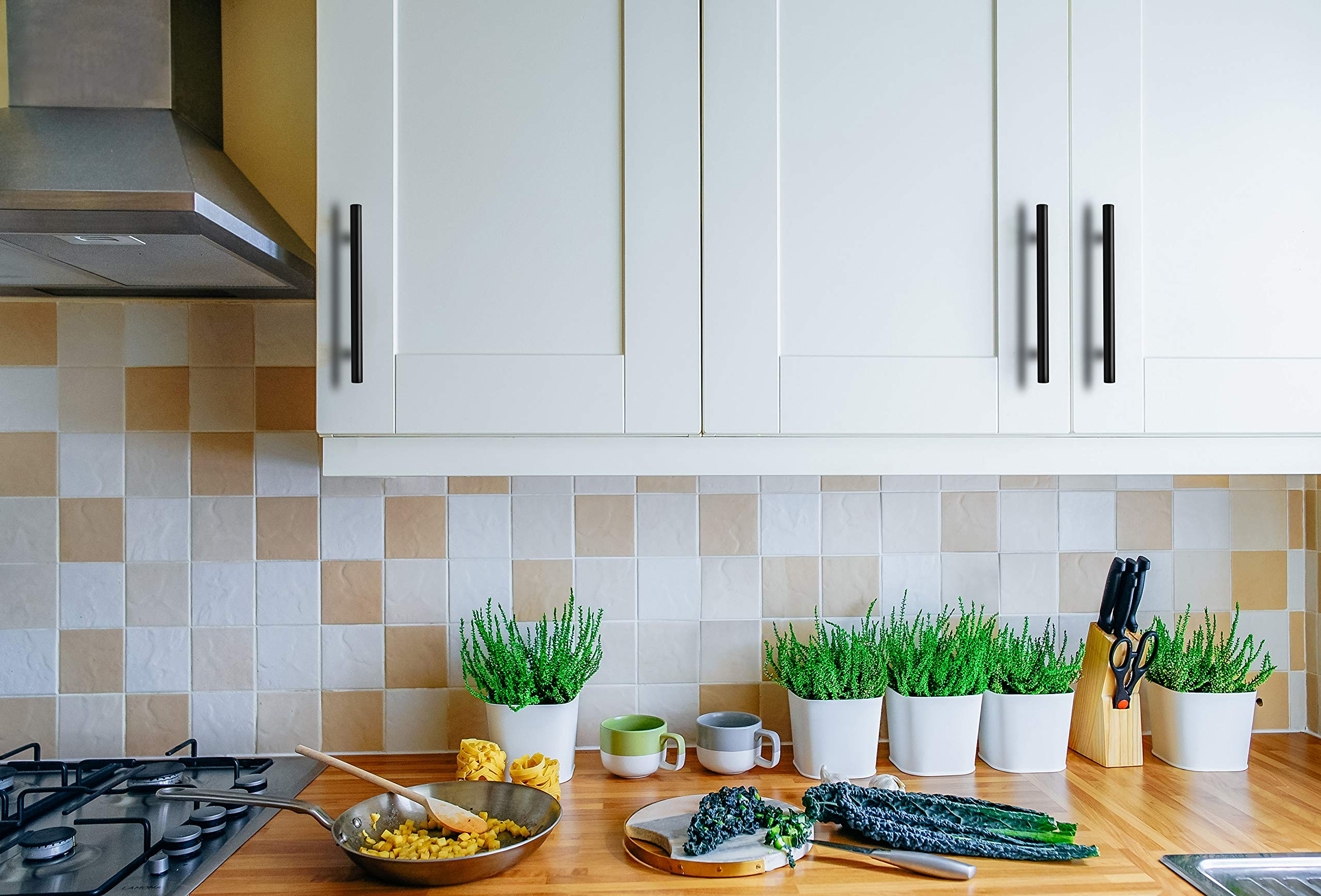 Matte black hardware complements contemporary and traditional kitchen styles.