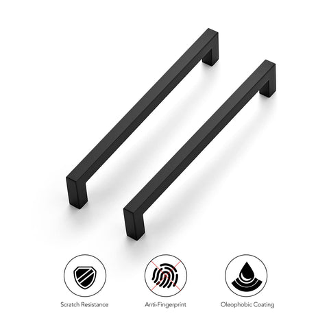 Ravinte 8-inch square pull in matte black on a wide drawer