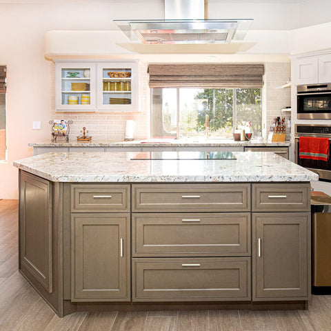 Ravinte brushed nickel square cabinet handle paired with other hardware for uniform kitchen look