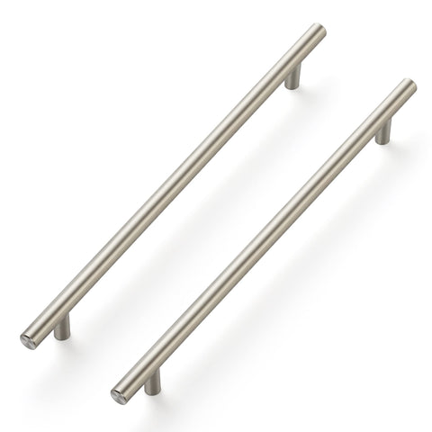 Ravinte cabinet handle with brushed nickel finish showcases twelve-and-a-half-inch length and 10-inch spacing.
