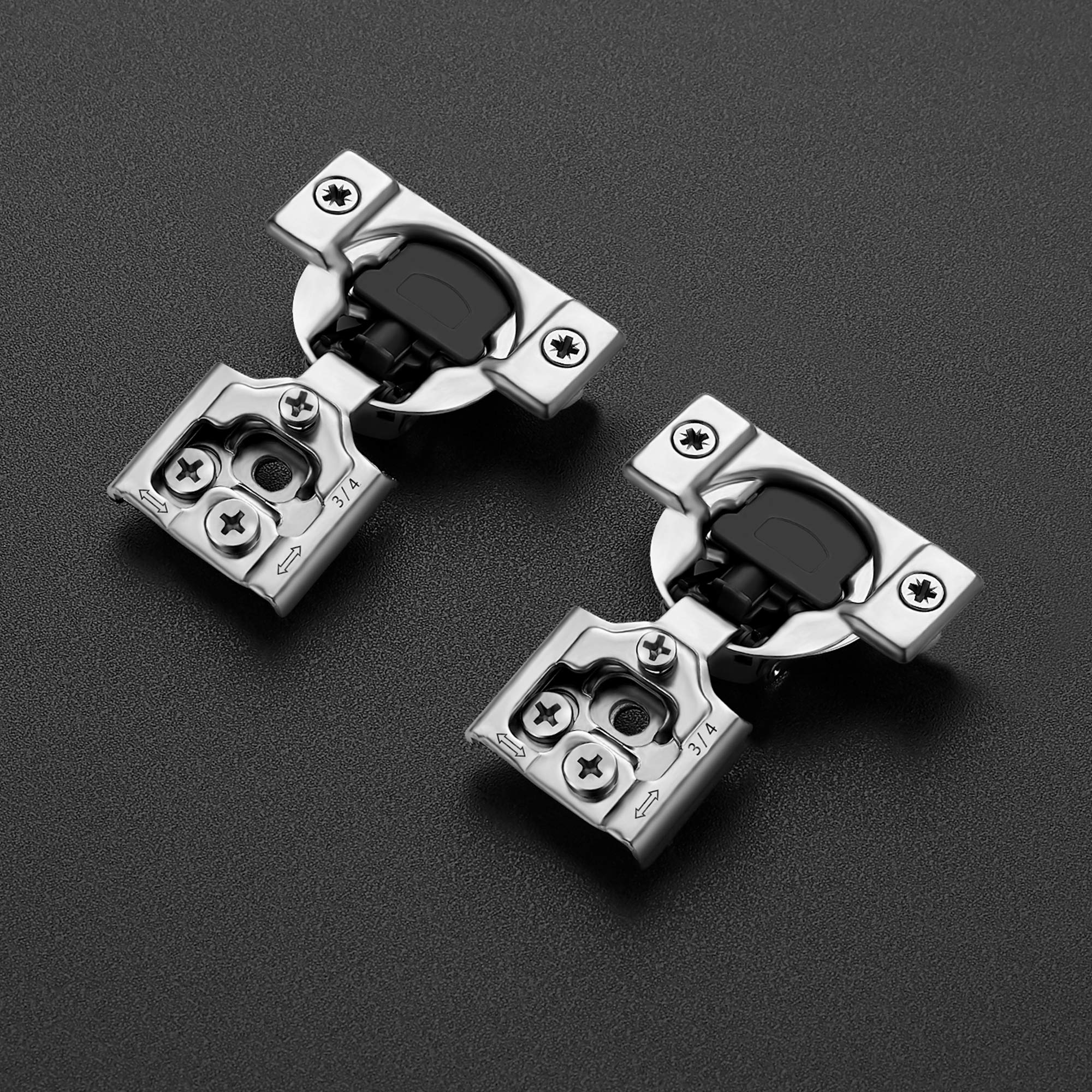 Ravinte concealed hinges in satin nickel provide clean cabinet lines.