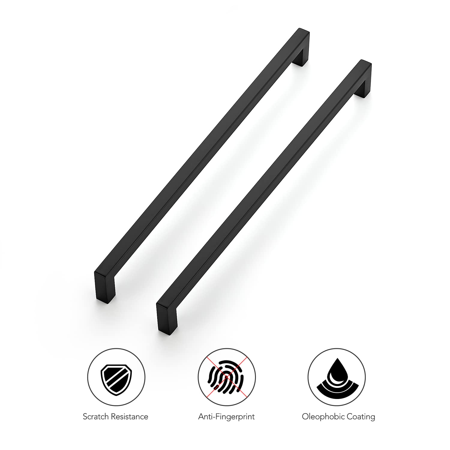 Ravinte matte black pulls for flat-panel or raised-door profiles.