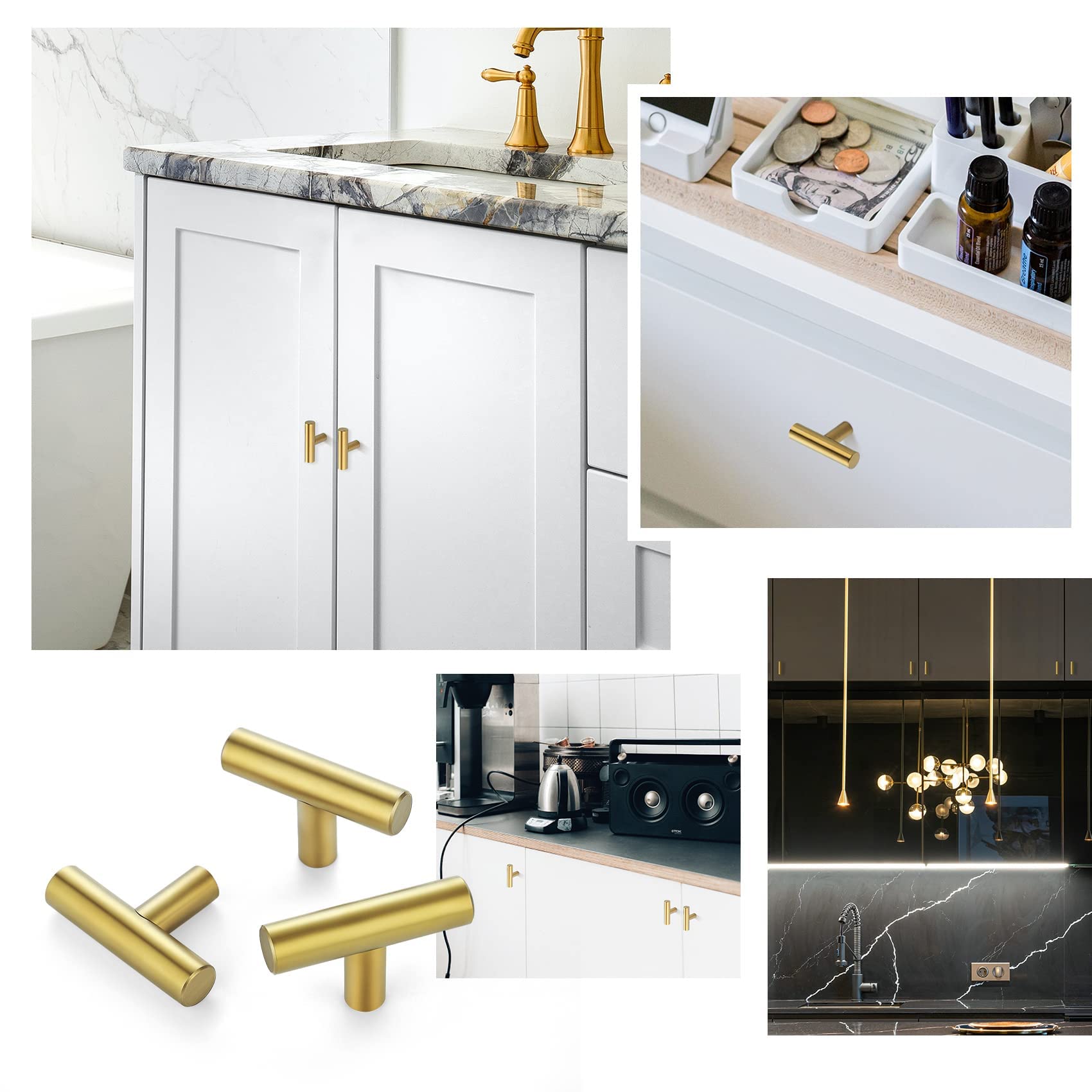Ravinte Gold T Bar Knob installed on a drawer front.
