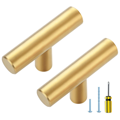 Ravinte Gold T Bar Knob front view shows brushed brass finish on contemporary cabinet hardware.