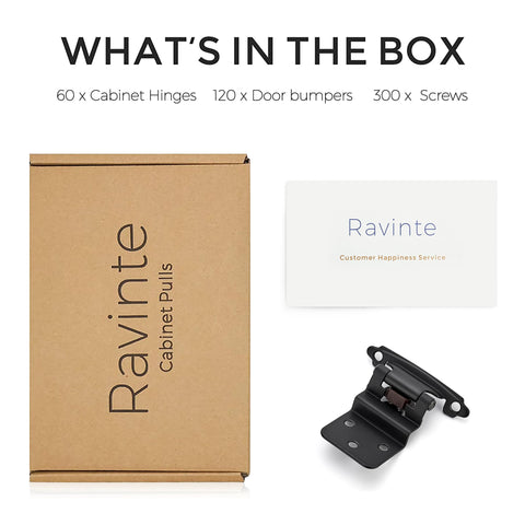 Ravinte inset hinge with five mounting screws included for easy installation.