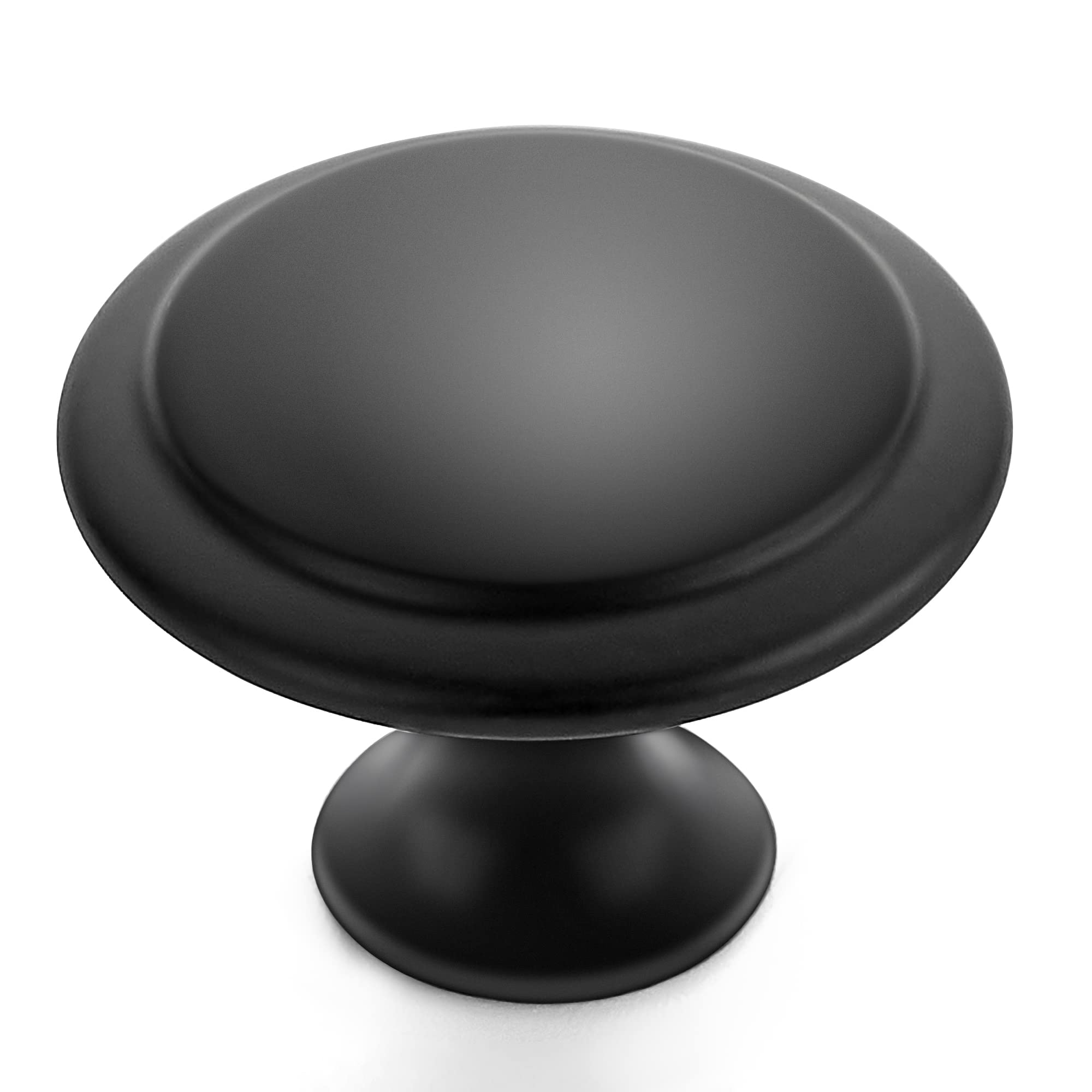 Ravinte matte black round knob closeup, durable finish for cabinets.