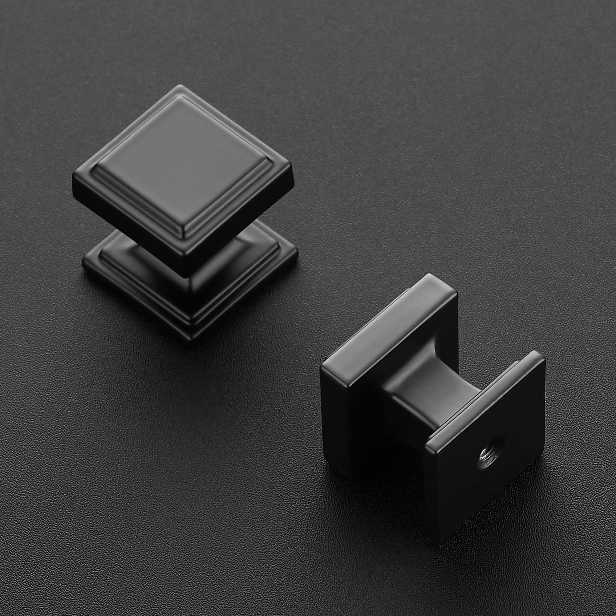 Ravinte matte black square knob installed on a drawer front for modern upgrade